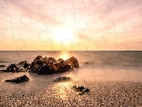 Plaża, Kamienie, Morze, Wschód słońca