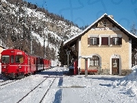 Pociąg, Zima, Stacja, Góry