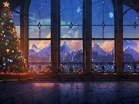Półki, Okno, Pokój, Drzewa, Książki, Boże Narodzenie, Grafika, Góry, Lampy