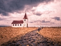 Półwysep Snæfellsnes, Bruk, Wybrzeże, Wieś Hellnar, Kościół, Islandia, Ocean Atlantycki, Ścieżka