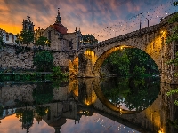 Kościół, Most, Rzeka Tamega, Ponte Sao Goncalo, Odbicie, Amarante, Portugalia, Klasztor, Światła