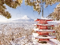 Prefektura Yamanashi, Wyspa Honsiu, Góra Fudżi, Drzewa, Zima, Świątynia Chureito Pagoda, Japonia, Miasto Fujiyoshida, Śnieg