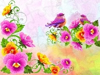 Ptak, Kwiaty, Bratki, Rysunek