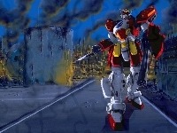 robot, ruiny, Gundam Wing, zniszczenie, miasto