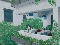 Balkon, Anime, Dziewczyna, Rośliny
