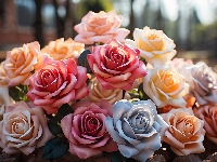 Kremowe, Różowe, Niebieskie, Róże