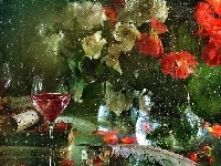 Szyba, Róże, Deszcz