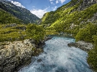 Rzeka, Skały, Norwegia, Dolina Flam, Góry