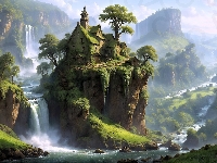 Wodospad, Grafika, Góry, Rzeka, Dom, Skała, Drzewa