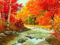 Rzeka, Jesienny, Las, Głazy