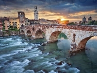 Rzeka, Werona, Słońca, Włochy, Most, Promienie