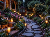 Świece, Ogród, Kwiaty, Ścieżka
