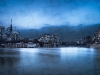 Rzeka Sekwana, Domy, Francja, Paryż, Katedra Notre-Dame
