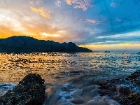 Zachód słońca, Park Datai Bay, Wzgórza, Malezja, Morze Andamańskie, Skały
