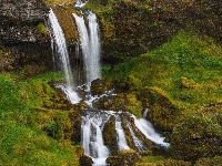 Skały, Kamienie, Islandia, Wodospad Selvallafoss, Omszałe