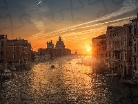 Zachód słońca, Wenecja, Łodzie, Włochy, Canal Grande, Budynki