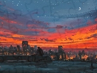 Zachód słońca, Panorama, Zakochanych, Domy, Paintography, Miasto, Para