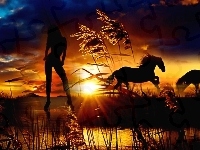Słońca, Konie, Zachód, Kobieta