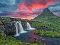 Zachód Słońca, Rzeka, Islandia, Wodospad, Góry, Mostek