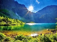 Słońce, Jezioro, Góry, Promienie