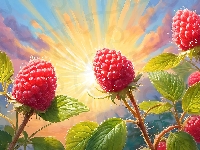 Maliny, Słońce, Liście, Grafika, Owoce