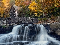 Młyn wodny, Jesień, Drzewa, Rzeka, Glade Creek Grist Mill, Wirginia Zachodnia, Stany Zjednoczone, Skały, Park Babcock State