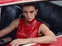 Czerwona, Kobieta, Biżuteria, Samochód, Kendall Jenner, Modelka, Sukienka