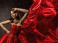 Suknia, Kobieta, Czerwona, Biżuteria