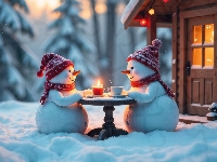 Świeca, Zima, Dom, AI, Szaliki, Śnieg, Dwa, Stolik, Czapki, Bałwanki