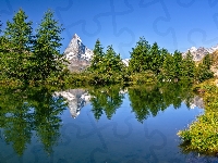 Riffelsee, Drzewa, Jezioro, Góry, Alpy, Matterhorn, Szwajcaria, Szczyt