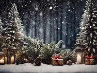 Szyszki, Choinki, Boże Narodzenie, Drzewa, Prezenty, Grafika, Kompozycja, Lampiony, Dekoracja