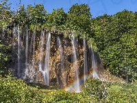 Tęcza, Drzewa, Park Narodowy Jezior Plitwickich, Skały, Chorwacja, Wodospad Galovac
