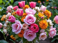 Kwiaty, Tulipany, Róże, Bukiet, Dalie