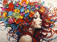 Grafika, Twarz, Kobieta, Kwiaty, Kolorowe