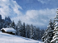 Domek, Val Gardena, Włochy, Świerki, Dolomity, Lasy, Zima