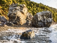 Plaża Velanio, Wyspa Skopelos, Fale, Grecja, Wybrzeże, Skały