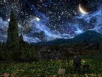 Vincent, Drzewa, Gogh, Księżyc, Obraz, Van