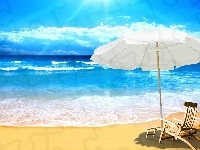 Leżaki, Wakacje, Słońca, Parasol, Promienie, Plaża, Morze, Lato