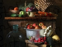 Warzywa, Butelki, Stół, Owoce, Kosz
