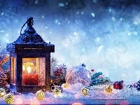 Bombki, Świąteczna, Boże Narodzenie, Kompozycja, Lampion, Śnieg