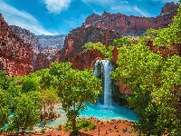 Wodospad, Havasu Falls, Drzewa, Arizona, Park Narodowy Wielkiego Kanionu, Skały, Stany Zjednoczone, Wielki Kanion Kolorado