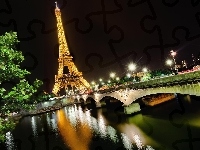 Wieża, Paryż, Nocą, Eiffla