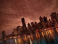 Wieżowce, Zmrok, Nowy Jork, Manhattan, Światła