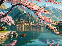 Como Lake, Grafika, Wiosna, Domy, Włochy, Jezioro