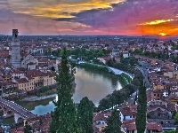 Rzeka, Włochy, Panorama, Zachód, Verona, Domy, Słońca, Miasta