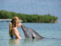 Woda, Dziewczynka, Delfin, Pocałunek