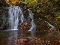 Wodospad, Skały, Liście, Jesień, Drzewa, Rzeka