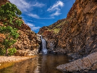 Wodospad, Stany Zjednoczone, Skały, Drzewa, Tucson, Arizona, Tanque Verde Falls