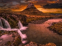 Wodospad, Islandia, Góra Kirkjufell, Zachód słońca