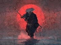 Samuraj, Zachód słońca, Paintography, Digital art, Kij bo